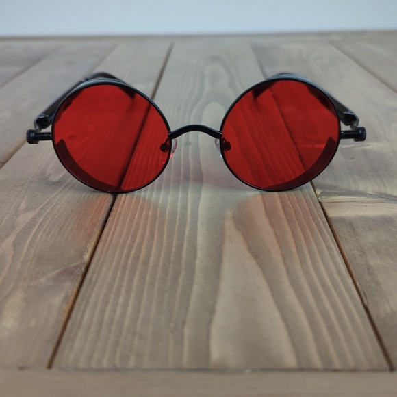Red Tinted Round Steampunk Sunglasses - Picture 5 of 5